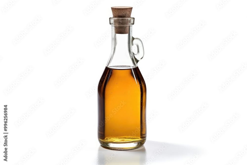 A clear glass bottle filled with golden olive oil sits on a white surface, showcasing its rich color and texture in a simple setting. Generative AI A clear glass bottle filled with golden olive oil sits on a white surface, showcasing its rich color and texture in a simple setting. Generative AI
