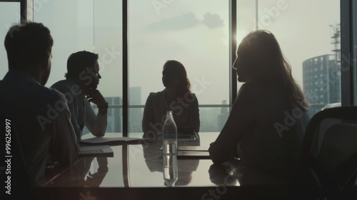 Silhouetted figures engaged in thoughtful discussion in a modern office meeting room with large windows during sunset.