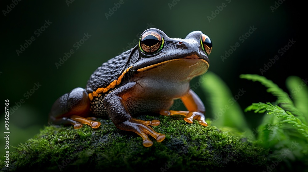 Curious Rainforest Frog: A close-up portrait of a vibrant, orange-striped frog perched on a mossy rock, its large, dark eyes gazing inquisitively at the camera. Curious Rainforest Frog: A close-up portrait of a vibrant, orange-striped frog perched on a mossy rock, its large, dark eyes gazing inquisitively at the camera.
