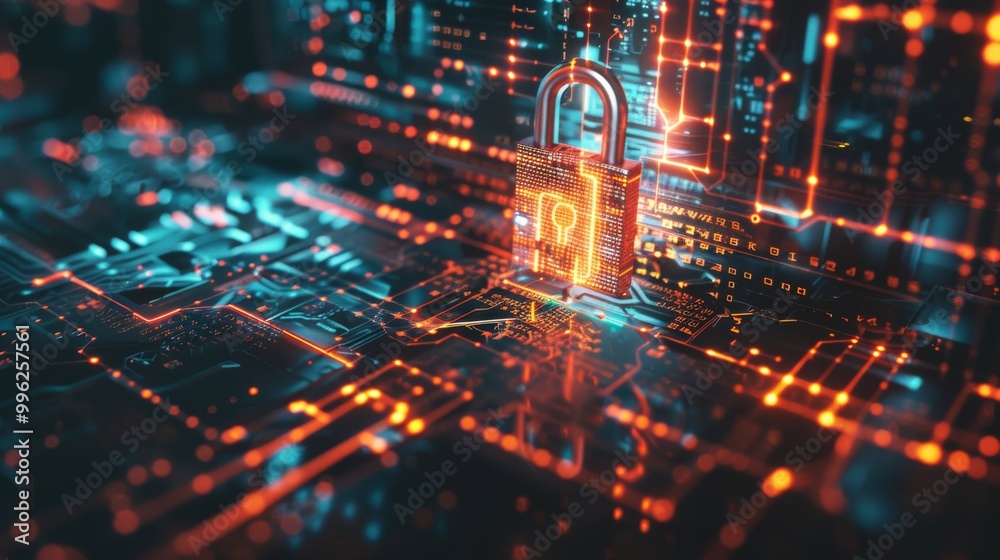 Obraz premium A digital padlock glows amidst intricate network lines and circuitry, symbolizing cybersecurity, data protection, and the digital age’s emphasis on secure information.