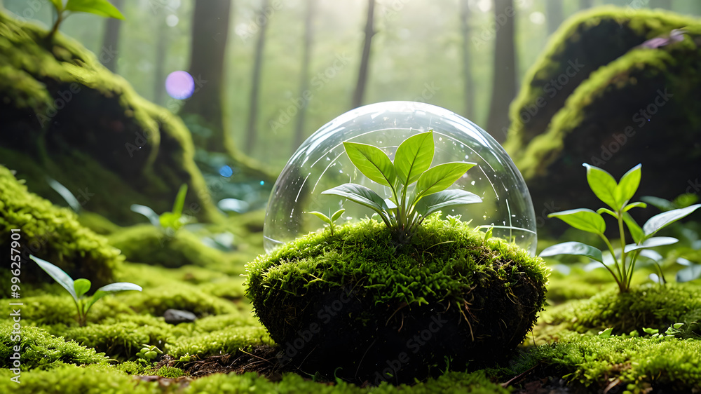 Futuristic Eco-Friendly Concept with Young Plant and Digital Globe Symbolizing Global Sustainability and Technological Innovation Futuristic Eco-Friendly Concept with Young Plant and Digital Globe Symbolizing Global Sustainability and Technological Innovation
