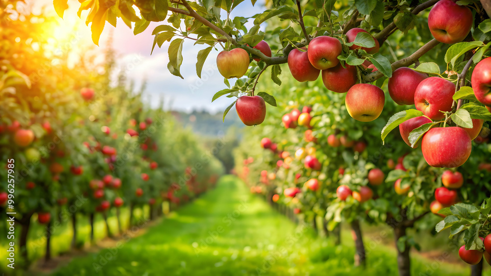 Lush apple orchard with ripe fruit hanging from trees, fall harvest, agriculture, countryside, farming, fresh, organic Lush apple orchard with ripe fruit hanging from trees, fall harvest, agriculture, countryside, farming, fresh, organic