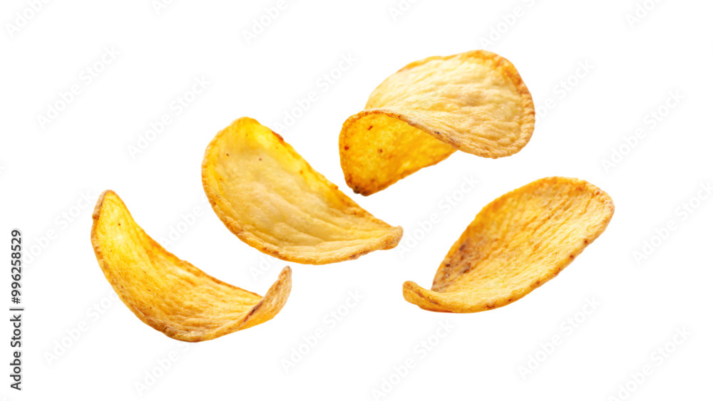 Crispy potato chips, a popular snack, are stacked on a white plate Crispy potato chips, a popular snack, are stacked on a white plate