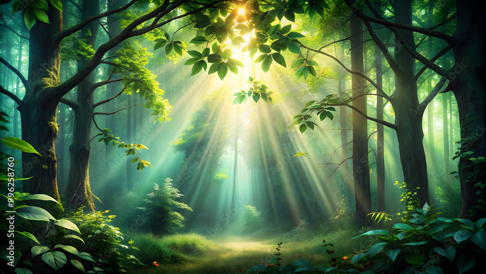 Fantasy forest with dark green leaves and sun rays shining through, creating a magical atmosphere, fantasy, forest Fantasy forest with dark green leaves and sun rays shining through, creating a magical atmosphere, fantasy, forest