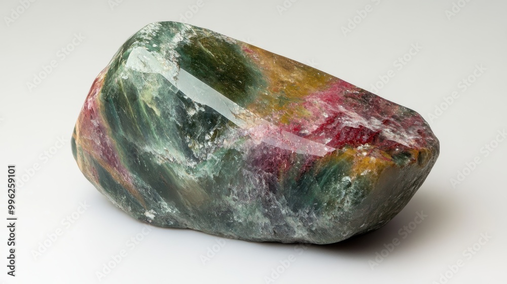Polished zoisite gemstone with intricate red and green patterns. Polished zoisite gemstone with intricate red and green patterns.