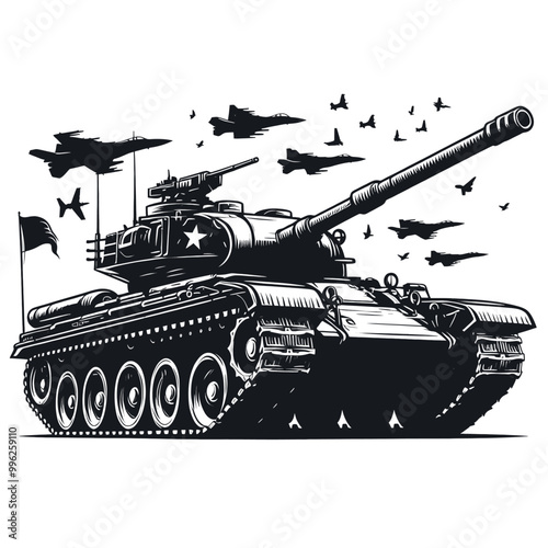 Military Tank Illustration Powerful Armored Vehicle with Fighter Jets