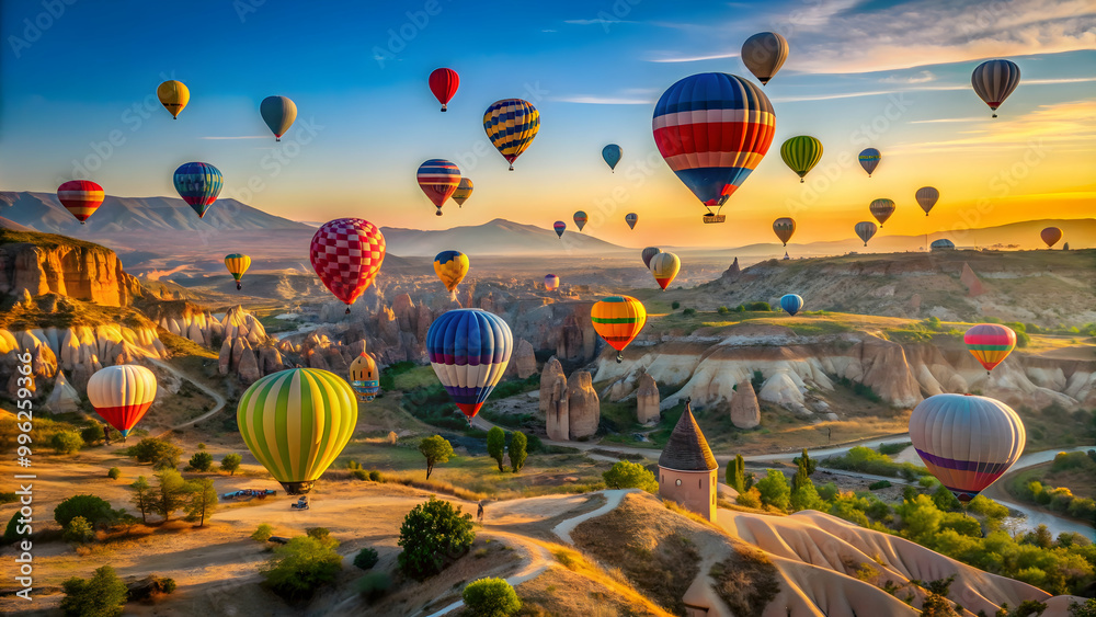 Naklejka premium Colorful hot air balloons floating in the sky during a festival in Cappadocia, Turkey, hot air balloons, festival