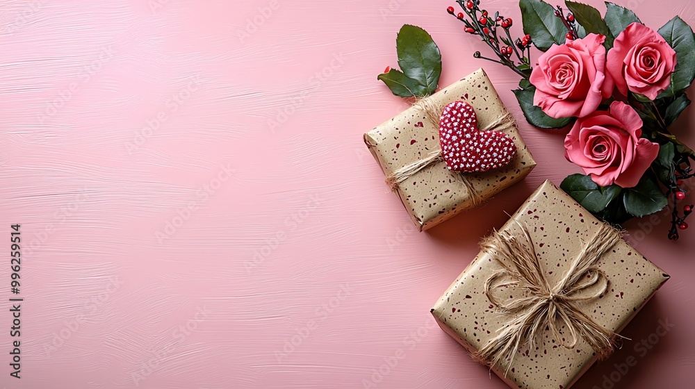 Beautifully wrapped gifts with roses on a pink background, perfect for celebrations or special occasions. Beautifully wrapped gifts with roses on a pink background, perfect for celebrations or special occasions.