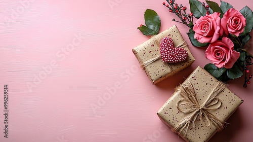 Beautifully wrapped gifts with roses on a pink background, perfect for celebrations or special occasions.