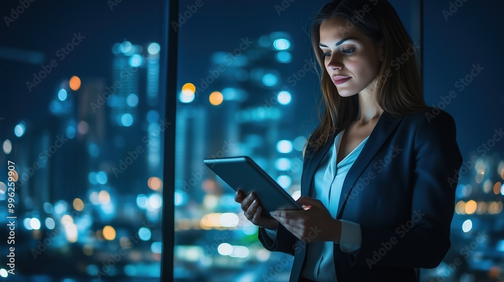 Obraz premium A woman in a business suit is looking at a tablet