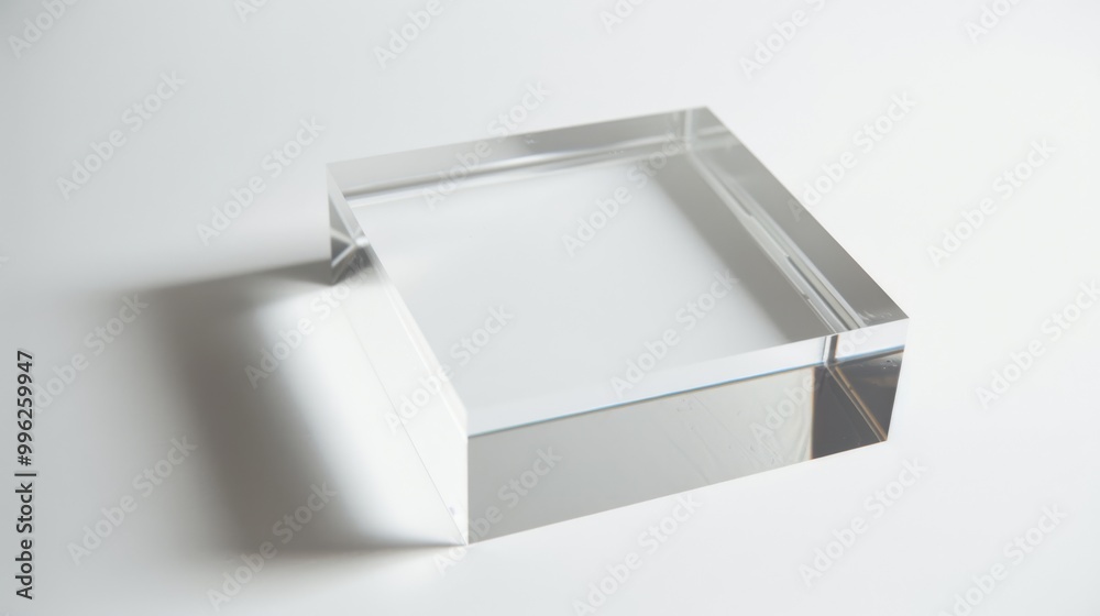 A crystal-clear square block of glass sits on a white surface, embodying elegance and simplicity. A crystal-clear square block of glass sits on a white surface, embodying elegance and simplicity.