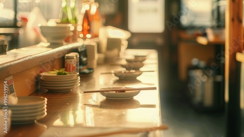 Wallpaper Mural A serene restaurant counter with neatly arranged dishes and chopsticks glows warmly under soft lighting, ready to welcome diners. Torontodigital.ca