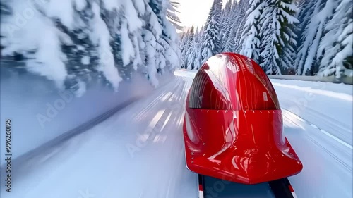 A sleek red bobsled racing down a snowy track surrounded by snow-covered trees.