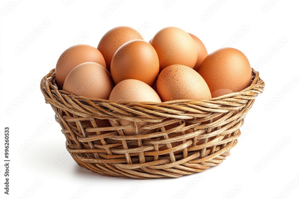 A wicker basket filled with brown eggs, isolated on a white background. A wicker basket filled with brown eggs, isolated on a white background.