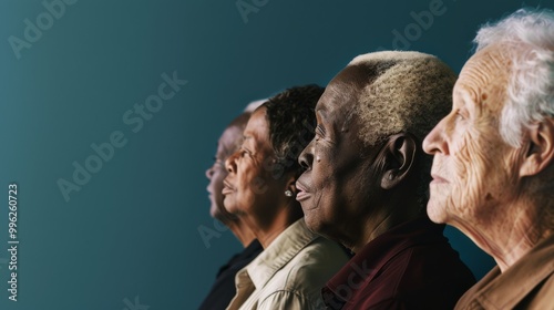 Four elderly individuals, each with unique expressions, sit in a row against a teal background, signifying wisdom, diversity, and life experience. photo