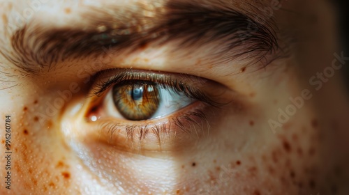 Close-up of a hazel eye with intricate reflections, showcasing natural freckles and detailed features under soft lighting.