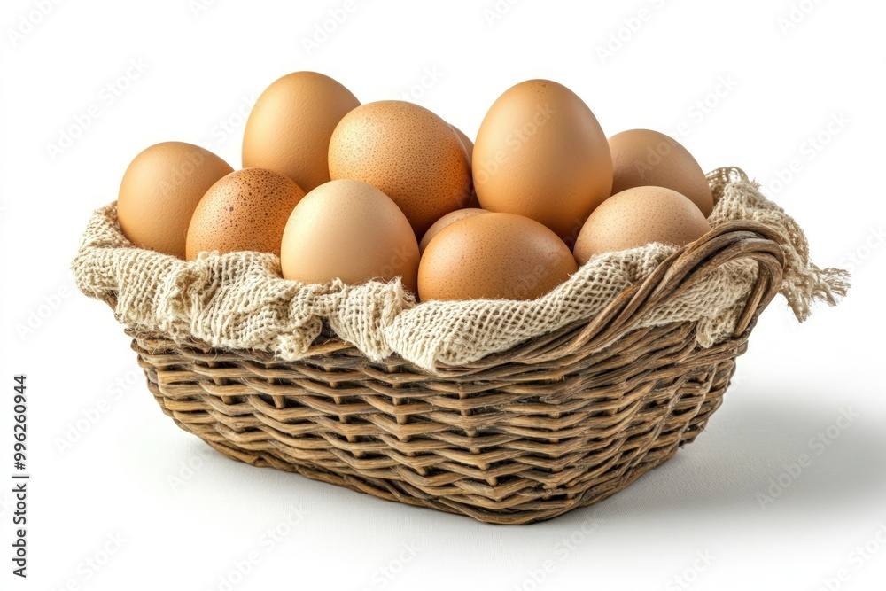 Fresh brown eggs in a wicker basket on a white background. Fresh brown eggs in a wicker basket on a white background.