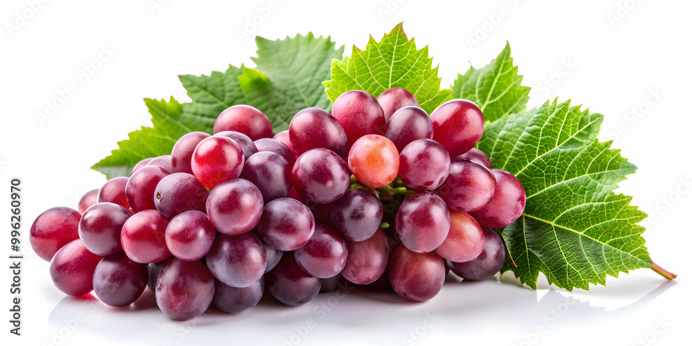 Fresh red grapes and vibrant leaves close-up on white background with space for text, grapes, fruit, red, leaves Fresh red grapes and vibrant leaves close-up on white background with space for text, grapes, fruit, red, leaves