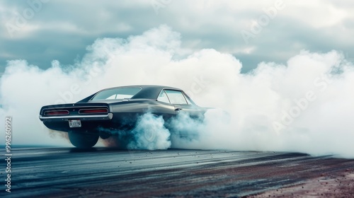 A classic muscle car performs a dramatic burnout on a damp racetrack, engulfed in billows of smoke, showcasing its raw power and intensity.
