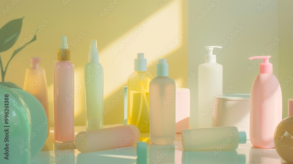 Sundrenched pastel-colored lotion bottles are arranged aesthetically, radiating a soothing, clean, and stylish vibe. Sundrenched pastel-colored lotion bottles are arranged aesthetically, radiating a soothing, clean, and stylish vibe.