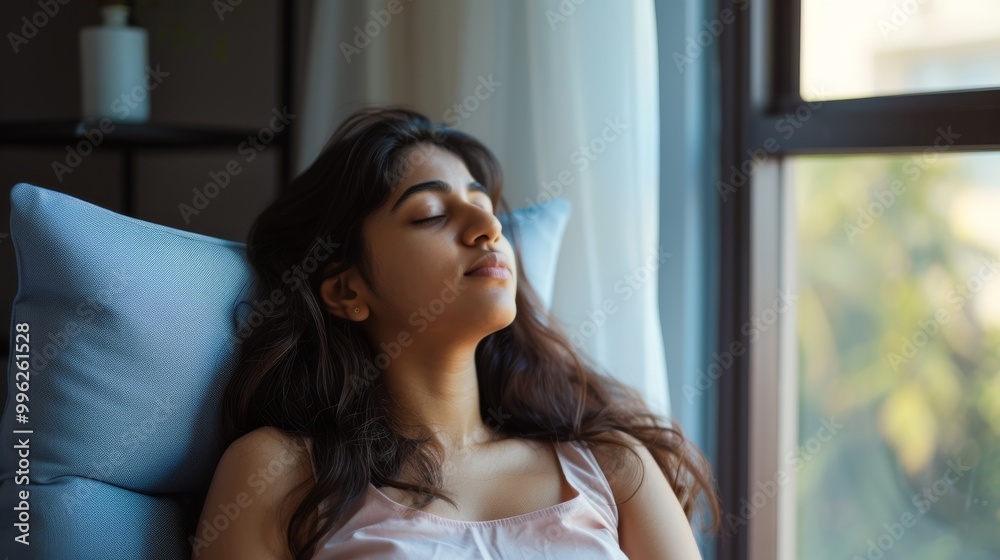 A serene young woman reclines peacefully on a pillow, basking in the warm sunlight streaming through the nearby window. A serene young woman reclines peacefully on a pillow, basking in the warm sunlight streaming through the nearby window.