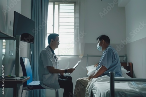 A doctor and a patient engage in a serious conversation in a hospital room, highlighting care and compassion in a medical setting.