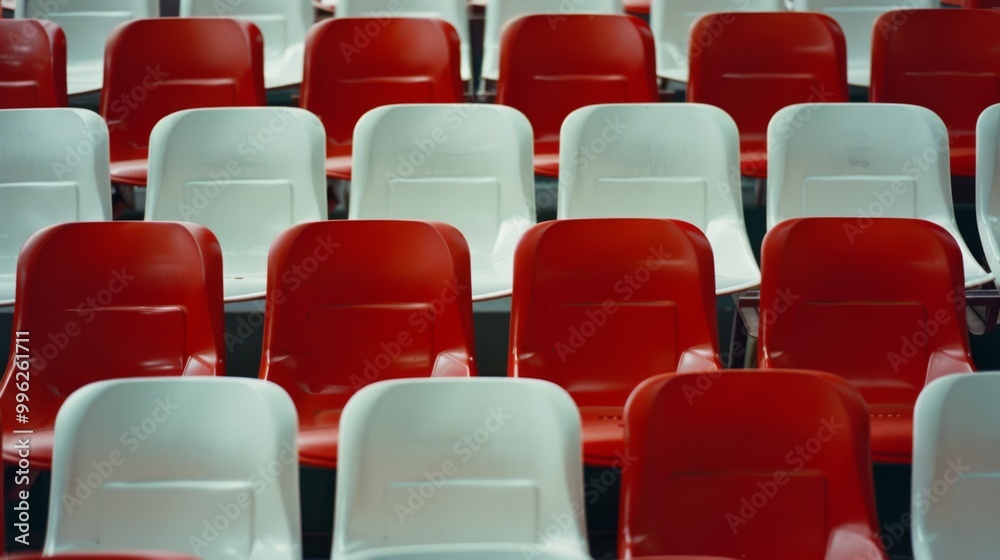 Rows of red and white chairs arranged in an empty auditorium, hinting at an awaiting event or gathering. Rows of red and white chairs arranged in an empty auditorium, hinting at an awaiting event or gathering.