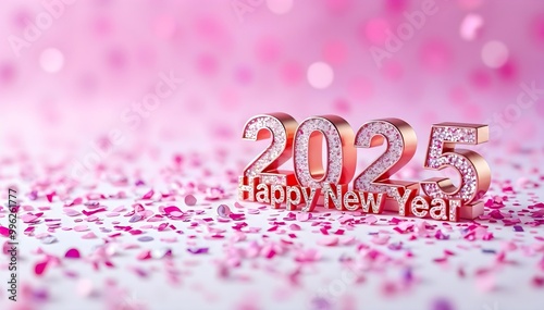Happy New Year 2025 with glitter and pink bokeh background