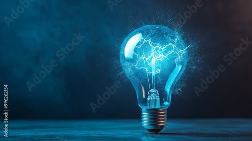 bright static electricity energy and power, blue light bulb and lighting strike