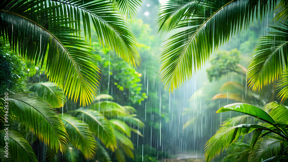 Raindrops falling on lush green leaves and palm trees in a tropical forest , rain, forest, green, leaves, palm trees, nature Raindrops falling on lush green leaves and palm trees in a tropical forest , rain, forest, green, leaves, palm trees, nature