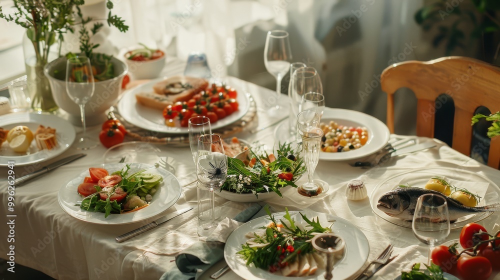 A beautifully set dining table with fresh salads, vegetables, and elegant glassware, bathed in natural light, exuding freshness and celebration. A beautifully set dining table with fresh salads, vegetables, and elegant glassware, bathed in natural light, exuding freshness and celebration.