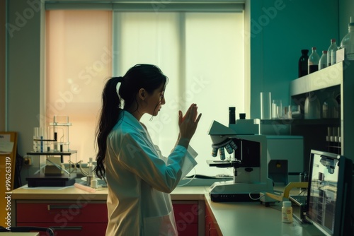 A scientist in a lab coat examines samples under a microscope, bathed in soft light, representing dedication to scientific research.