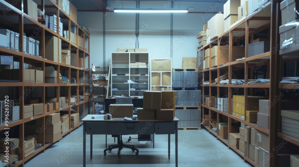 An organized storage room brimming with boxes and office supplies, reflecting efficiency and systematic arrangement. An organized storage room brimming with boxes and office supplies, reflecting efficiency and systematic arrangement.