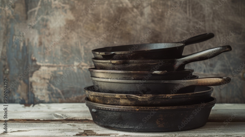 Fototapeta premium A rustic stack of old cast-iron skillets sitting on a weathered wooden surface, evoking a sense of vintage charm.