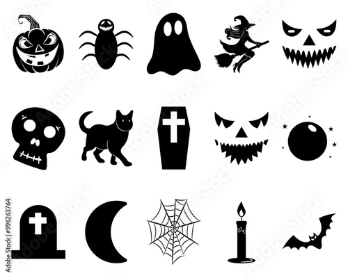 Set of Halloween silhouette graphic elements with knockout detail, isolated on a transparent background