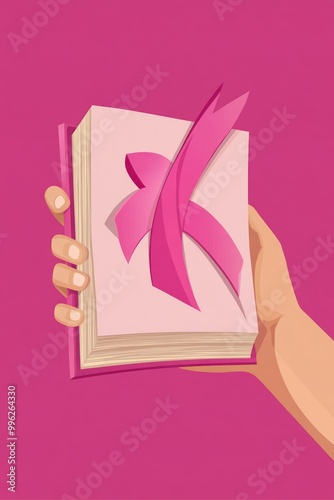 A hand holding a book adorned with a pink ribbon, symbolizing awareness and support.