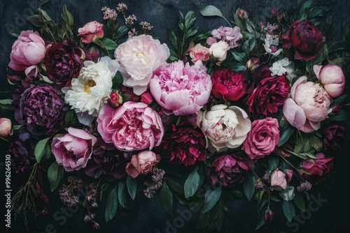 Dark background, richly colored peonies in baroque styles