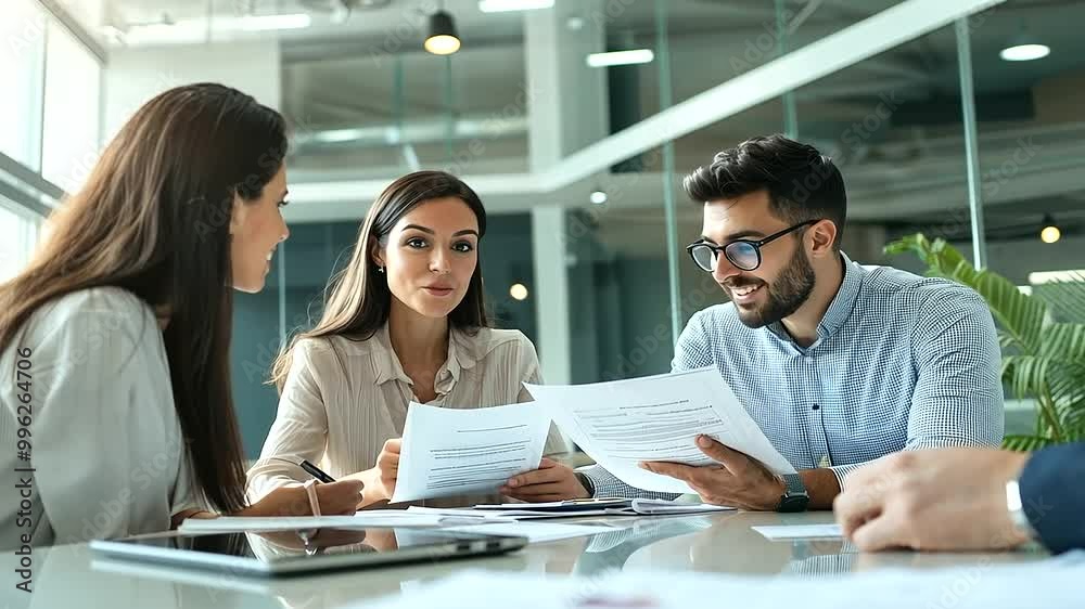 young couple engaged in detailed discussion with an insurance agent, examining insurance documents together in a modern office environment