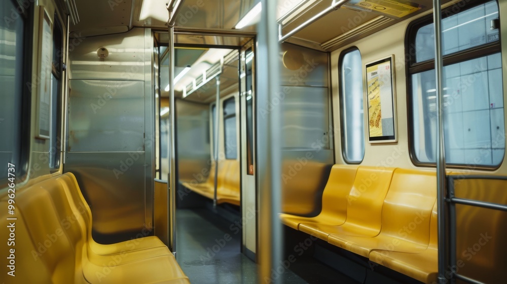 An empty subway car with bright yellow seats, polished metal surfaces, and soft lighting, capturing a moment of urban quiet and solitude. An empty subway car with bright yellow seats, polished metal surfaces, and soft lighting, capturing a moment of urban quiet and solitude.