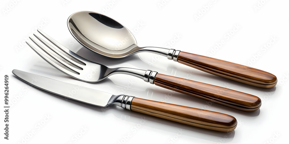 Fork, spoon, and knife set on a white background, utensils, cutlery, silverware, dining, kitchen, meal, eating Fork, spoon, and knife set on a white background, utensils, cutlery, silverware, dining, kitchen, meal, eating