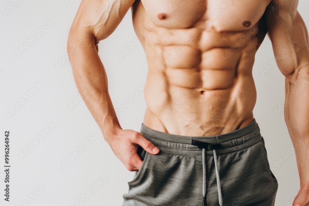 An impressive display of a well-defined male torso, focusing on the abs and muscle definition, exemplifying peak physical fitness. An impressive display of a well-defined male torso, focusing on the abs and muscle definition, exemplifying peak physical fitness.