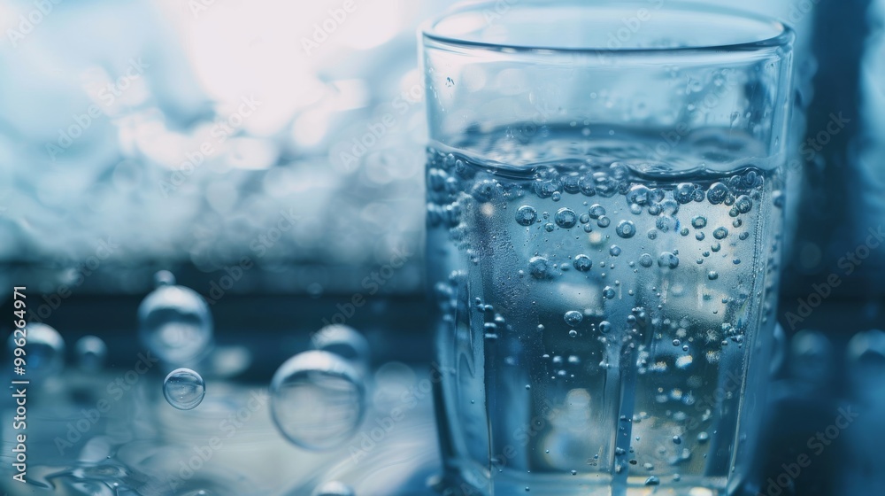 A glass of sparkling water with bubbles rising, set against a cool, refreshing backdrop. A glass of sparkling water with bubbles rising, set against a cool, refreshing backdrop.