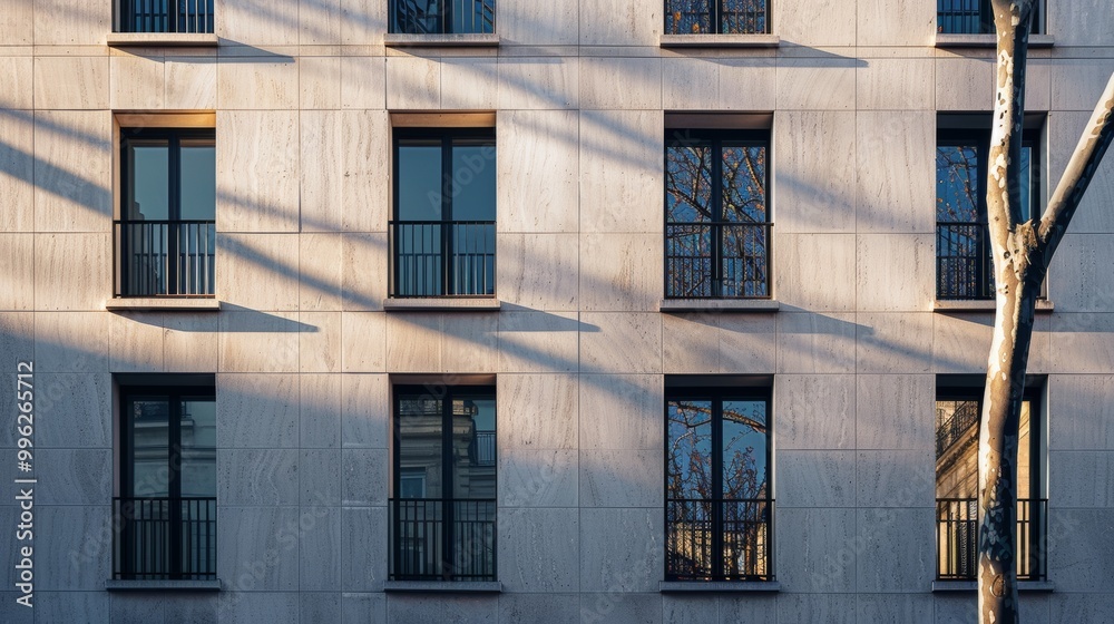Modern Parisian architecture, minimalist facade, complete wall with windows and doors, sunny afternoon light, tranquil atmosphere, no people present. Modern Parisian architecture, minimalist facade, complete wall with windows and doors, sunny afternoon light, tranquil atmosphere, no people present.