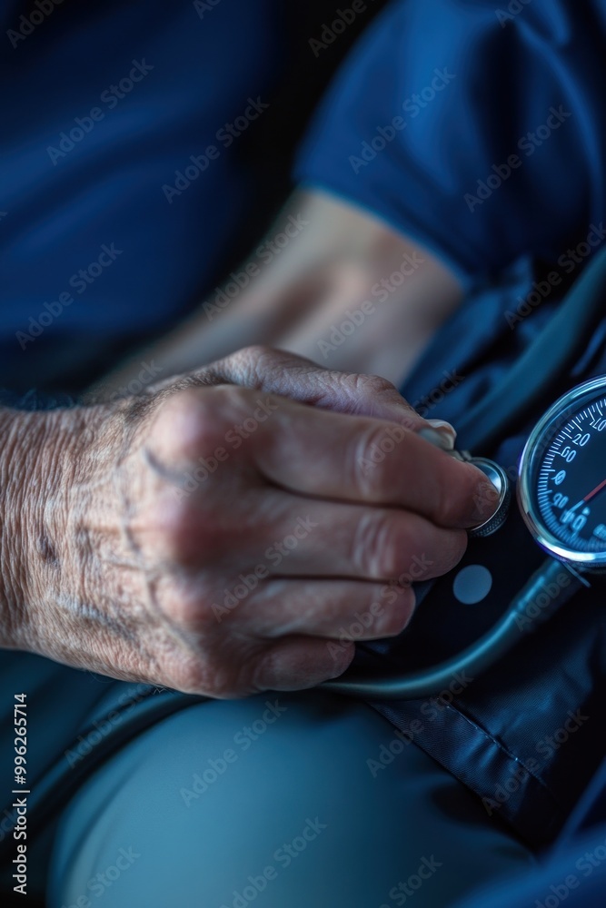 A close-up of a hand measuring blood pressure with a sphygmomanometer. A close-up of a hand measuring blood pressure with a sphygmomanometer.