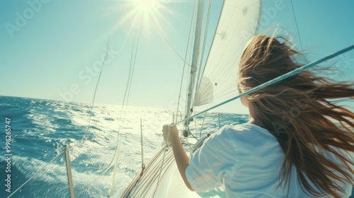A woman leans over the side of a sailboat, her hair blowing in the wind under a bright sun, epitomizing a sense of freedom and adventure on the open sea.