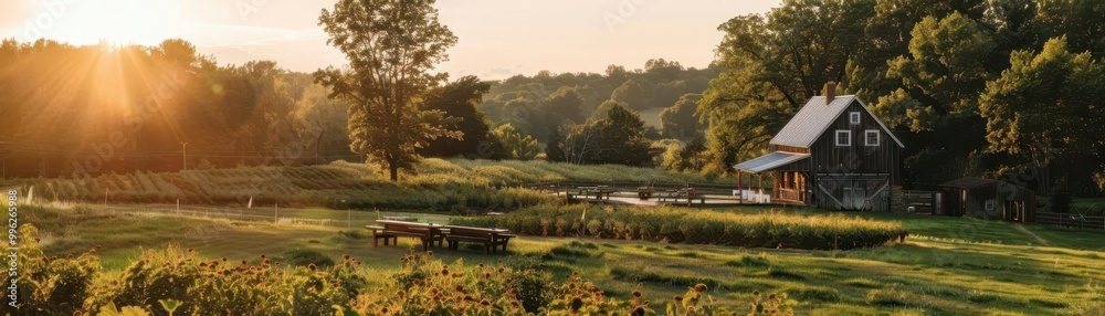 A serene rural landscape at sunset, featuring a charming farmhouse surrounded by lush fields and trees. A serene rural landscape at sunset, featuring a charming farmhouse surrounded by lush fields and trees.