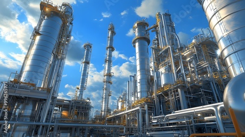 Intricate Metallic Petrochemical Plant Skyline Against Cloudy Blue Sky