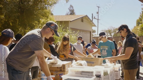 A bustling outdoor scene showcasing people organizing and sorting donations of essential goods at a charitable event. photo