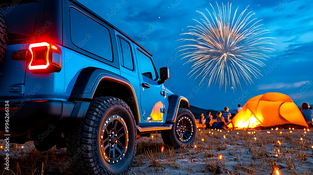 Obraz premium Friends Camping Under the Stars with Fireworks Display