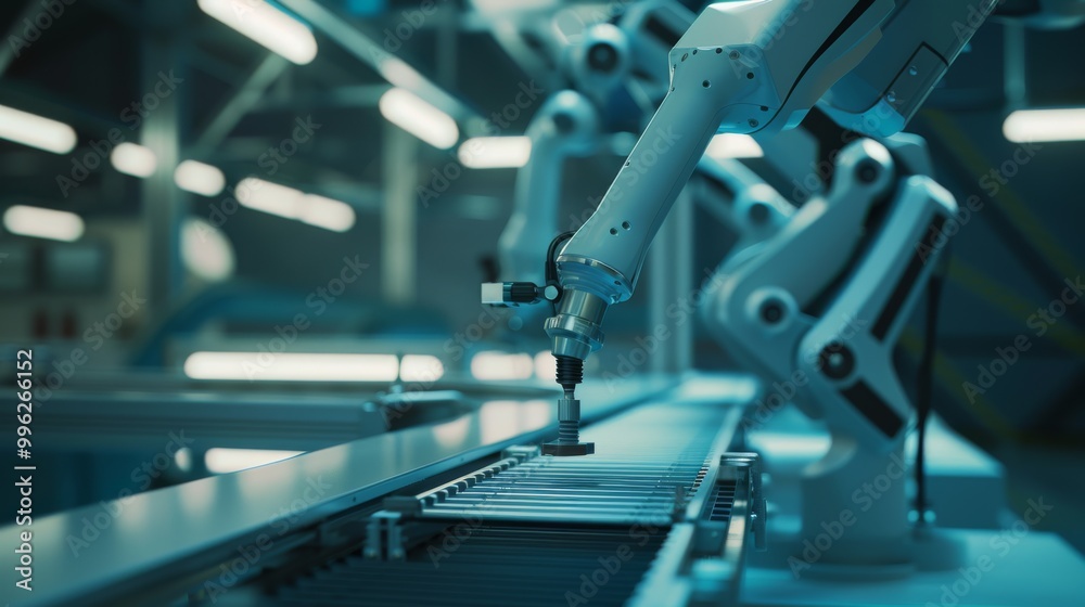 An advanced robotic arm operates in a high-tech industrial facility, highlighting modern automation. An advanced robotic arm operates in a high-tech industrial facility, highlighting modern automation.